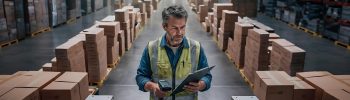 Somemarkkinointia kuvaava varastotyöntekijä pakettien keskellä logistiikkakeskuksessa