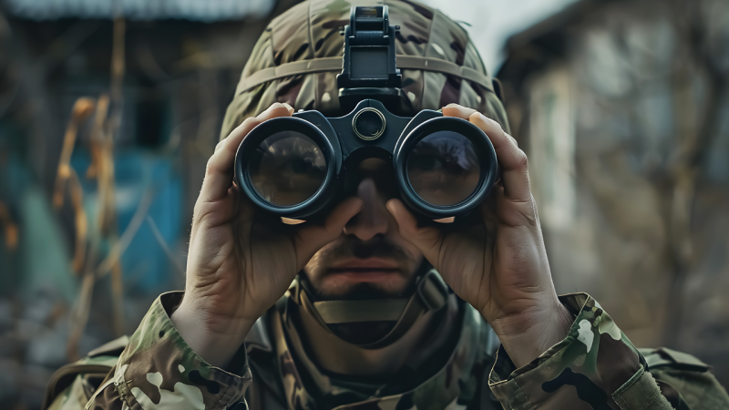 Sotilas tarkkailee ympäristöä kiikareilla, symboloi yrityksen tarvetta parantaa hakukonenäkyvyyttä ja löytää oikeat asiakkaat.